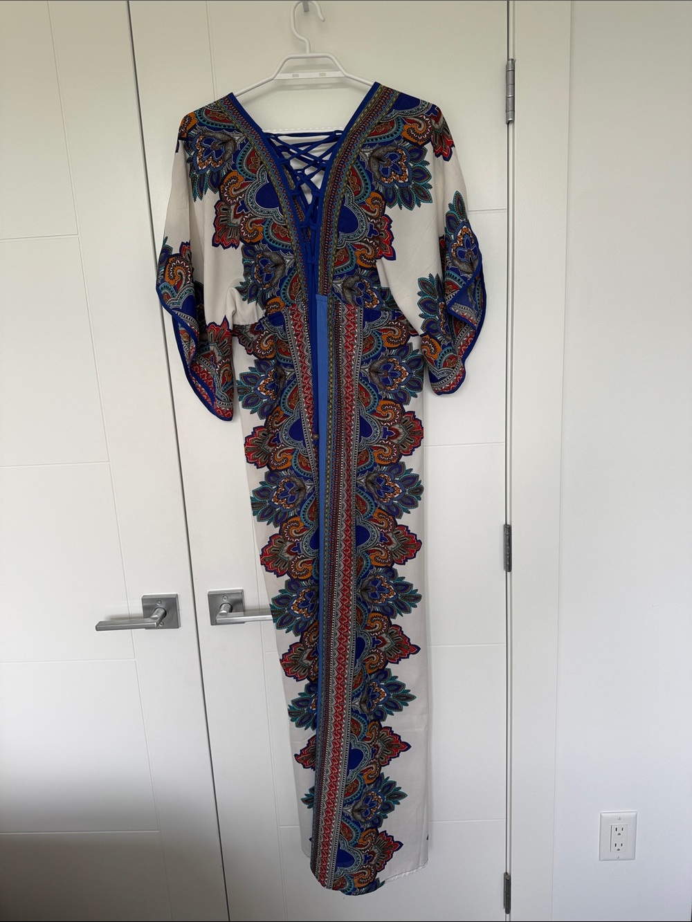 White Maxi Dress with Blue Paisley Trim